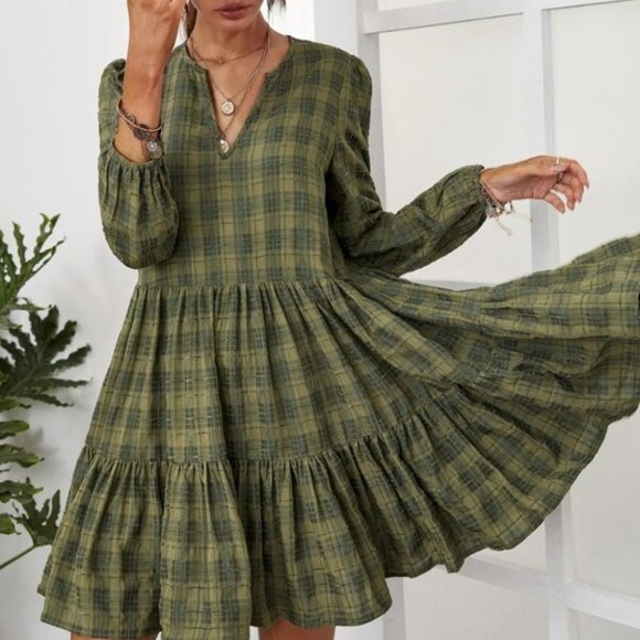 Dresses & Skirts - Plaid ruffle hem lantern sleeve dress GREEN